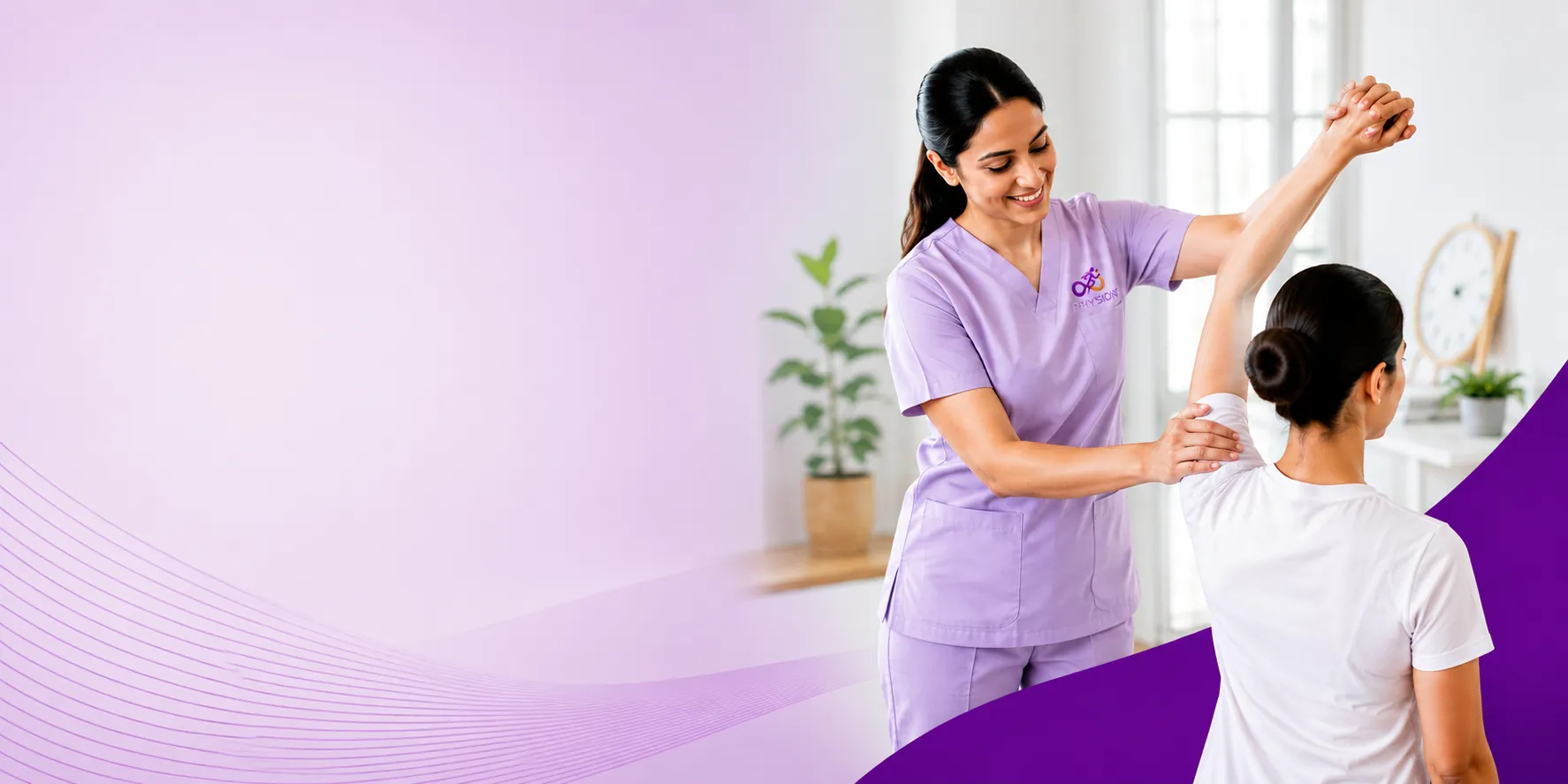 Physiotherapist guiding a patient through a shoulder mobility exercise