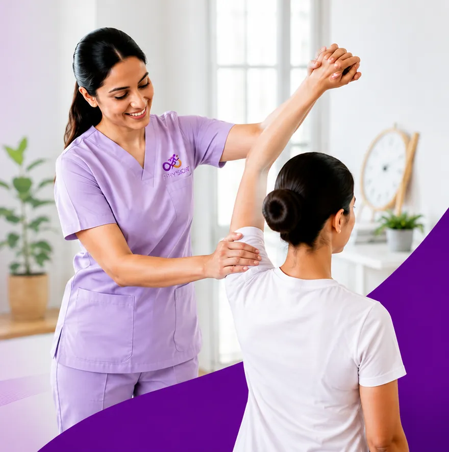 Physiotherapist guiding a patient through a shoulder mobility exercise